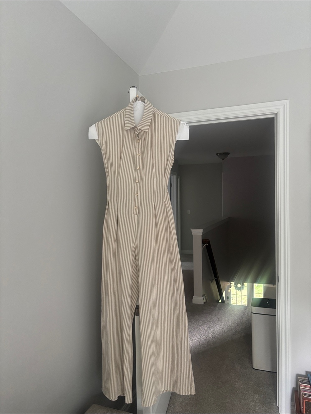 Sleeveless Beige Striped Jumpsuit